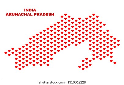 Mosaic Arunachal Pradesh State map of valentine hearts in red color isolated on a white background. Regular red heart pattern in shape of Arunachal Pradesh State map.