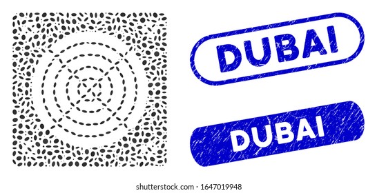 Mosaic ASIC miner hardware and corroded stamp seals with Dubai text. Mosaic vector ASIC miner hardware is designed with randomized oval dots. Dubai stamp seals use blue color,