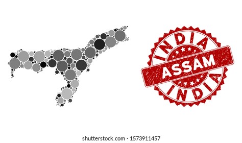 Mosaic Assam State map and circle seal. Flat vector Assam State map mosaic of random circle elements. Red seal stamp with distress texture. Designed for political and patriotic propaganda.