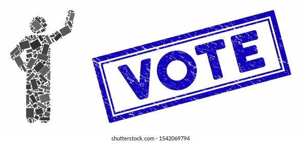 Mosaic assurance pose and rubber stamp seal with Vote text. Mosaic vector assurance pose is composed with scattered rectangle items. Vote seal uses blue color.