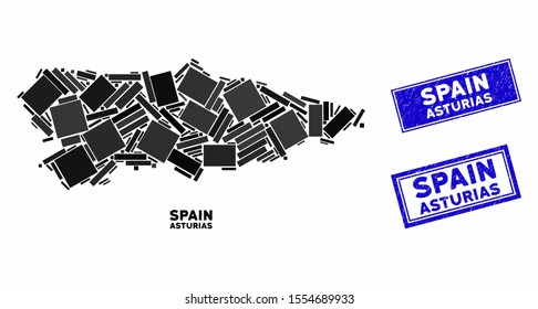 Mosaic Asturias Province map and rectangular watermarks. Flat vector Asturias Province map mosaic of random rotated rectangular items. Blue caption watermarks with rubber textures.