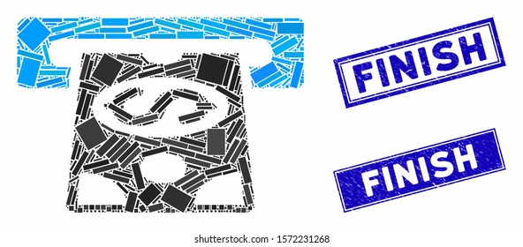 Mosaic ATM cashout pictogram and rectangular Finish watermarks. Flat vector ATM cashout mosaic pictogram of scattered rotated rectangular items. Blue Finish rubber seals with grunged surface.