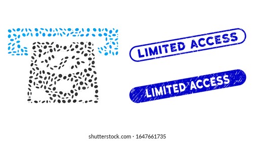 Mosaic ATM cashout and rubber stamp seals with Limited Access phrase. Mosaic vector ATM cashout is designed with random oval dots. Limited Access stamp seals use blue color,