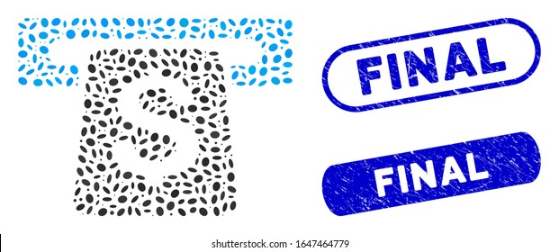 Mosaic ATM and distressed stamp seals with Final phrase. Mosaic vector ATM is designed with scattered ellipse elements. Final stamp seals use blue color, and have round rectangle shape.