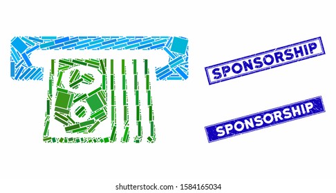 Mosaic ATM insert cash icon and rectangular Sponsorship watermarks. Flat vector ATM insert cash mosaic icon of scattered rotated rectangle elements.