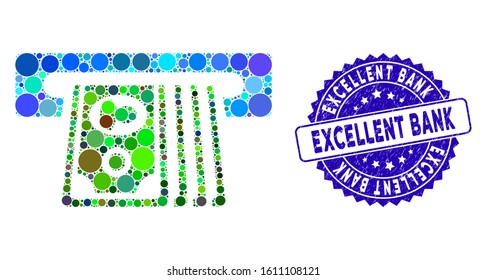 Mosaic ATM insert cash icon and corroded stamp seal with Excellent Bank text. Mosaic vector is created with ATM insert cash icon and with random round elements.