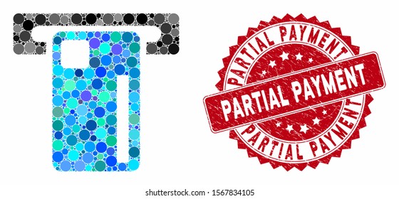 Mosaic ATM machine and distressed stamp seal with Partial Payment text. Mosaic vector is designed with ATM machine icon and with scattered circle items. Partial Payment stamp seal uses red color,