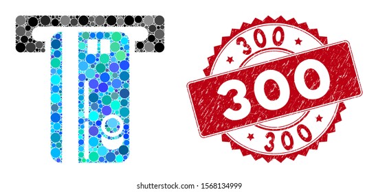 Mosaic ATM machine and distressed stamp seal with 300 text. Mosaic vector is designed with ATM machine icon and with random spheric spots. 300 stamp uses red color, and dirty texture.