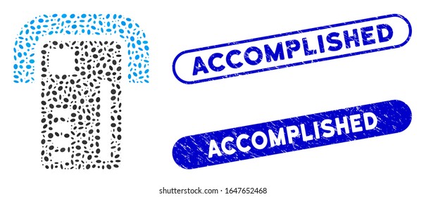 Mosaic ATM machine and grunge stamp seals with Accomplished phrase. Mosaic vector ATM machine is formed with scattered ellipse dots. Accomplished stamp seals use blue color,
