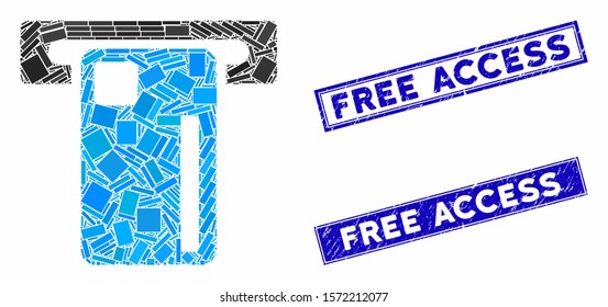 Mosaic ATM machine icon and rectangular Free Access seals. Flat vector ATM machine mosaic icon of random rotated rectangular elements. Blue Free Access rubber seals with rubber textures.