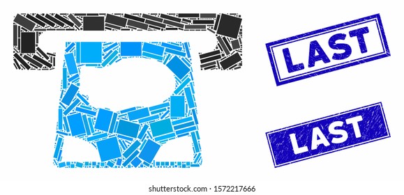 Mosaic ATM payment icon and rectangle Last rubber prints. Flat vector ATM payment mosaic icon of random rotated rectangle items. Blue Last rubber seals with scratched textures.