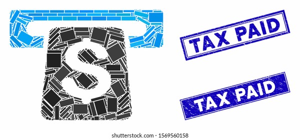 Mosaic ATM pictogram and rectangular rubber prints. Flat vector ATM mosaic pictogram of random rotated rectangle items. Blue caption stamp imprints with rubber textures.