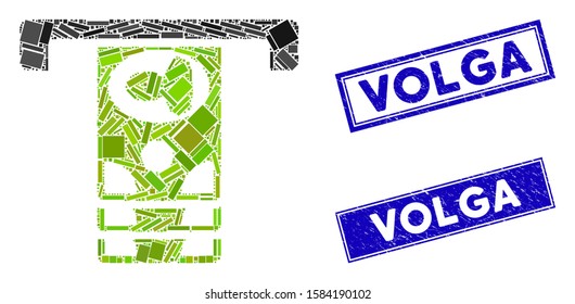 Mosaic ATM pictogram and rectangular Volga seal stamps. Flat vector ATM mosaic pictogram of randomized rotated rectangular items. Blue Volga rubber stamps with scratched surface.