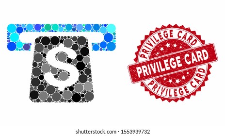 Mosaic ATM and rubber stamp seal with Privilege Card text. Mosaic vector is designed with ATM icon and with randomized round items. Privilege Card seal uses red color, and scratched surface.