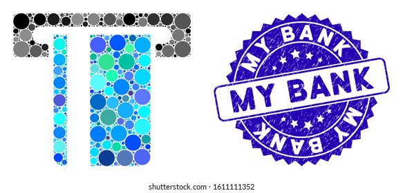 Mosaic ATM terminal icon and distressed stamp watermark with My Bank text. Mosaic vector is formed with ATM terminal icon and with scattered round items. My Bank stamp seal uses blue color,