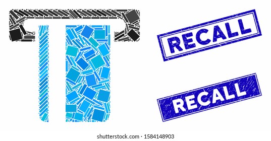Mosaic ATM terminal pictogram and rectangular Recall rubber prints. Flat vector ATM terminal mosaic pictogram of scattered rotated rectangular items. Blue Recall stamps with distress surface.