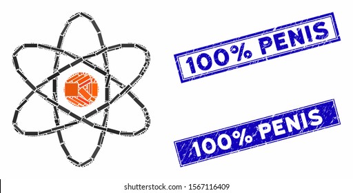 Mosaic atom icon and rectangular stamps. Flat vector atom mosaic icon of scattered rotated rectangle elements. Blue caption rubber stamps with grunge surface.