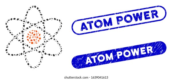Mosaic atom and rubber stamp seals with Atom Power caption. Mosaic vector atom is composed with random oval dots. Atom Power stamp seals use blue color, and have round rectangle shape.