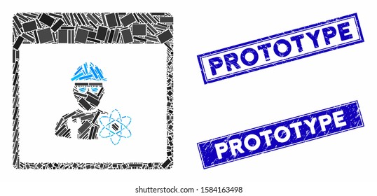 Mosaic atomic engineer calendar page icon and rectangular Prototype seal stamps. Flat vector atomic engineer calendar page mosaic icon of randomized rotated rectangle items.