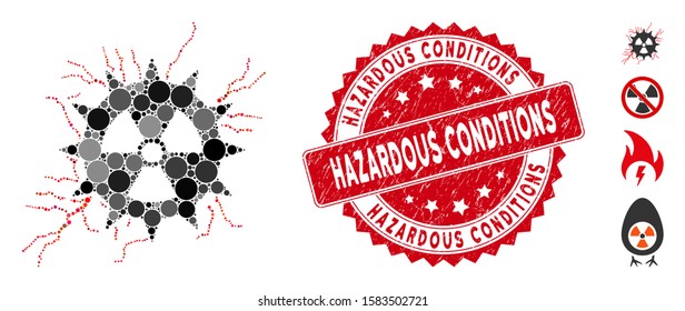 Mosaic atomic power sparks icon and grunge stamp seal with Hazardous Conditions text. Mosaic vector is designed with atomic power sparks pictogram and with randomized round elements.