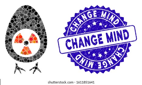 Mosaic atomic project icon and corroded stamp seal with Change Mind phrase. Mosaic vector is designed from atomic project icon and with scattered circle spots. Change Mind stamp seal uses blue color,