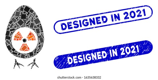 Mosaic atomic project and rubber stamp seals with Designed in 2021 phrase. Mosaic vector atomic project is designed with scattered rectangle items. Designed in 2021 stamp seals use blue color,