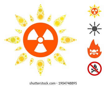 Mosaic atomic radiation united from SARS virus icons in variable sizes and color hues. Vector infection elements are united into abstract collage atomic radiation icon. Some bonus icons are added.