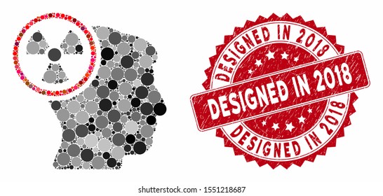 Mosaic atomic thinking head and corroded stamp seal with Designed in 2018 phrase. Mosaic vector is composed with atomic thinking head icon and with randomized spheric spots.