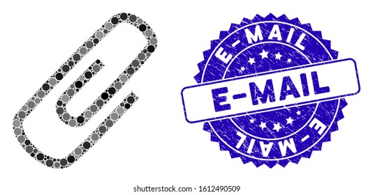 Mosaic attach icon and grunge stamp seal with E-Mail text. Mosaic vector is formed with attach icon and with randomized spheric spots. E-Mail stamp uses blue color, and grunge design.