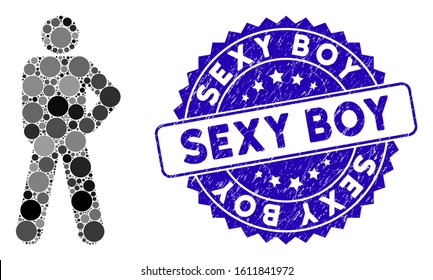 Mosaic audacity pose icon and rubber stamp seal with Sexy Boy caption. Mosaic vector is designed with audacity pose pictogram and with random spheric elements. Sexy Boy stamp seal uses blue color,