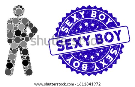 Mosaic audacity pose icon and rubber stamp seal with Sexy Boy caption. Mosaic vector is designed with audacity pose pictogram and with random spheric elements. Sexy Boy stamp seal uses blue color,