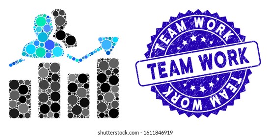 Mosaic audience graph icon and distressed stamp seal with Team Work phrase. Mosaic vector is created from audience graph icon and with random circle elements. Team Work stamp seal uses blue color,