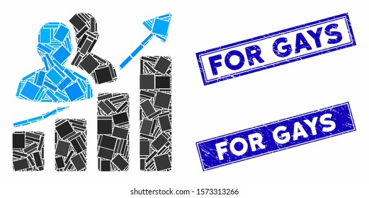 Mosaic audience growth bar chart pictogram and rectangle For Gays seal stamps. Flat vector audience growth bar chart mosaic pictogram of randomized rotated rectangle items.