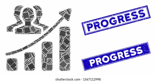 Mosaic audience growth chart icon and rectangle rubber prints. Flat vector audience growth chart mosaic icon of randomized rotated rectangle elements. Blue caption rubber stamps with distress texture.