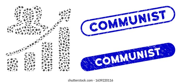 Mosaic audience growth chart and rubber stamp seals with Communist phrase. Mosaic vector audience growth chart is created with scattered elliptic dots. Communist seals use blue color,