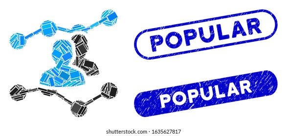 Mosaic audience trends and grunge stamp watermarks with Popular text. Mosaic vector audience trends is created with scattered rectangle items. Popular stamp seals use blue color,