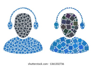 Mosaic Audio operator icons constructed from spheric and square items in random sizes, positions and proportions. Vector spheric and square items are united into abstract puzzle audio operator icons.