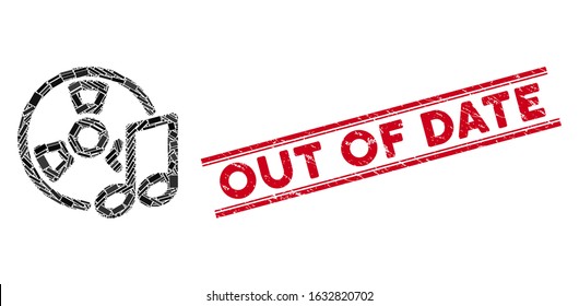Mosaic audio tape pictogram and red Out of Date stamp between double parallel lines. Flat vector audio tape mosaic pictogram of randomized rotated rectangular elements.