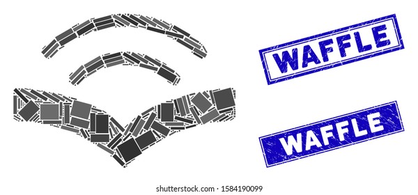 Mosaic audiobook icon and rectangular Waffle seal stamps. Flat vector audiobook mosaic icon of randomized rotated rectangle items. Blue Waffle seal stamps with distress surface.