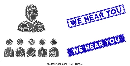 Mosaic auditory students icon and rectangle We Hear You watermarks. Flat vector auditory students mosaic icon of random rotated rectangle items. Blue We Hear You watermarks with grunged texture.