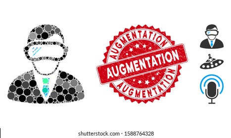 Mosaic augmented reality and circle seal stamp. Flat vector augmented reality mosaic of randomized circle elements. Red stamp imprint with scratched surface.