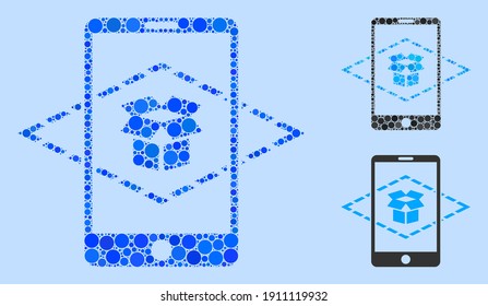 Mosaic Augmented reality icon constructed from round elements in variable sizes, positions and proportions. Vector blue round items are organized into abstract mosaic augmented reality icon.