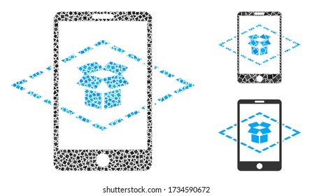 Mosaic Augmented reality icon united from tremulant spots in variable sizes, positions and proportions. Vector rugged items are united into abstract mosaic augmented reality icon.
