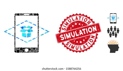 Mosaic augmented reality and round seal stamp. Flat vector augmented reality mosaic of randomized round elements. Red rubber stamp with rubber design. Designed for political and patriotic projects.