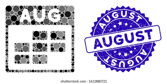Mosaic August calendar grid icon and corroded stamp seal with August phrase. Mosaic vector is created from August calendar grid icon and with scattered round items. August stamp seal uses blue color,