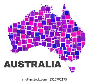 Mosaic Australia map isolated on a white background. Vector geographic abstraction in pink and violet colors. Mosaic of Australia map combined of random square elements.