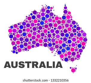 Mosaic Australia map isolated on a white background. Vector geographic abstraction in pink and violet colors. Mosaic of Australia map combined of scattered circle items.