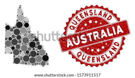 Mosaic Australian Queensland map and round stamp. Flat vector Australian Queensland map mosaic of random round elements. Red seal stamp with grunged design.