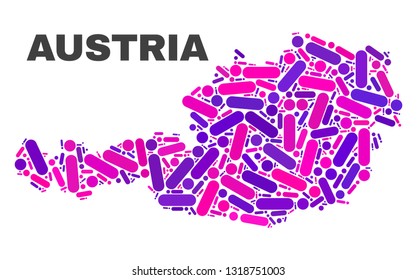 Mosaic Austria map isolated on a white background. Vector geographic abstraction in pink and violet colors. Mosaic of Austria map combined of random circle dots and lines.