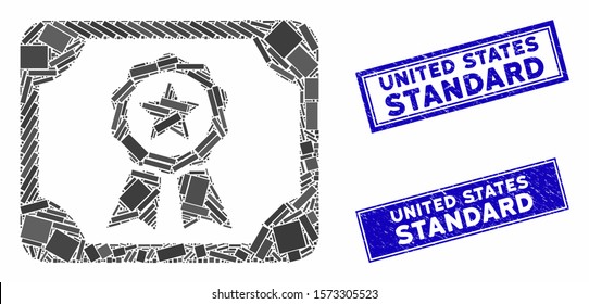 Mosaic authorize diploma icon and rectangle United States Standard stamps. Flat vector authorize diploma mosaic icon of random rotated rectangle elements.